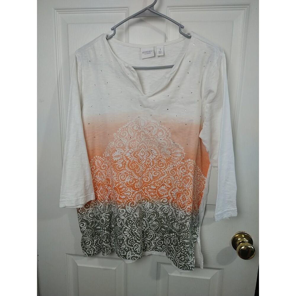 Weekends By Chicos Woman 1/M Ombre Striped Casual 3/4 Sleeve Top
